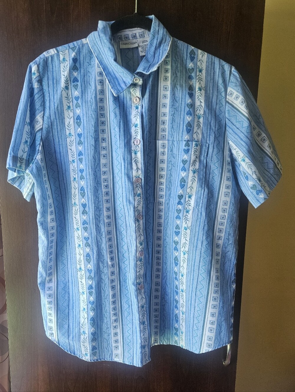 Vintage Cabin Creek Light Blue Patterned Short Sleeve Shirt Size Large